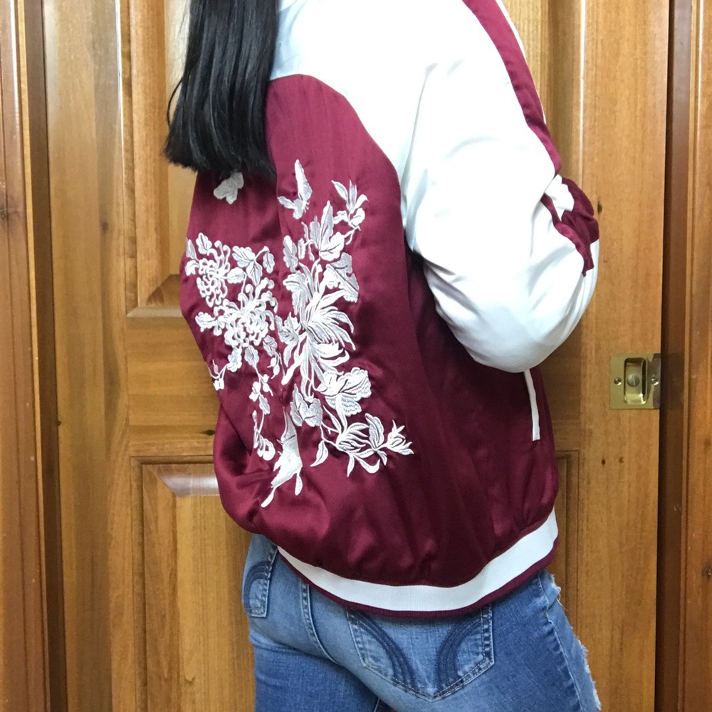 Forever 21 red & white floral silky bomber jacket